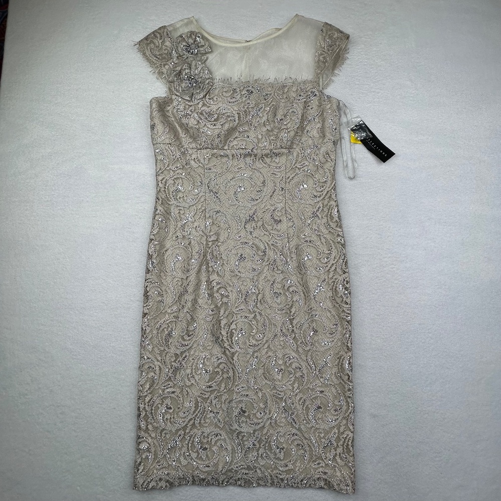 KM Collection Mila Bell Women Metallic Lace Floral Sheath Dress Wedding Prom Sz6